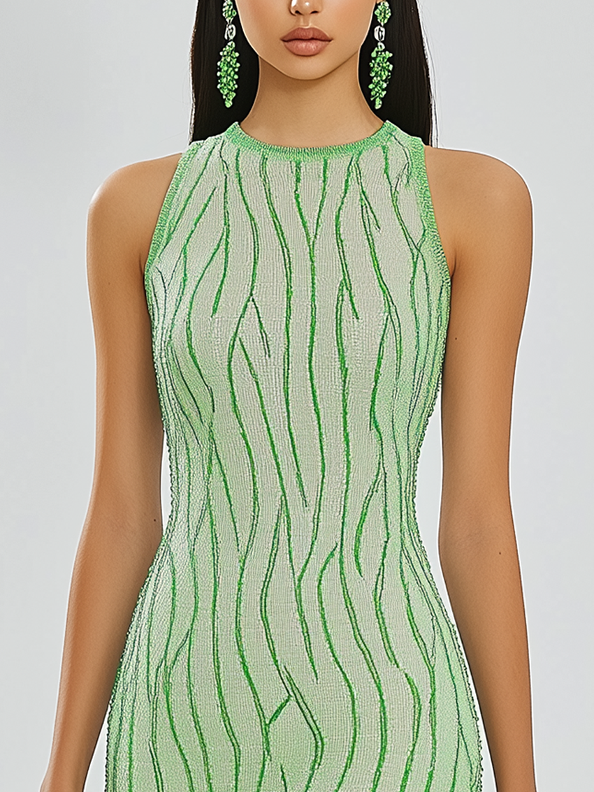 Sleeveless Light Green Knit Midi Bodycon Dress With Fashion Stripes