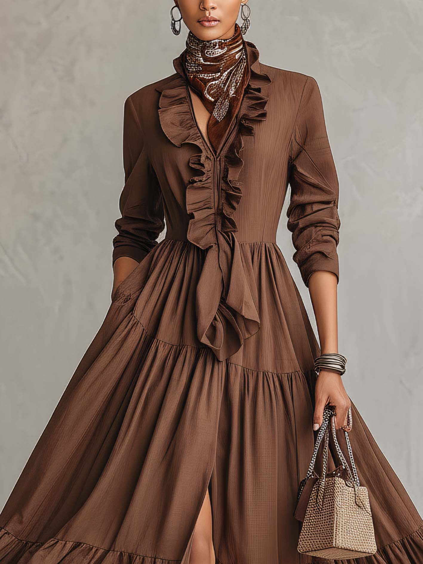 Brown Cotton Linen Ruffled Patchwork Maxi Dress