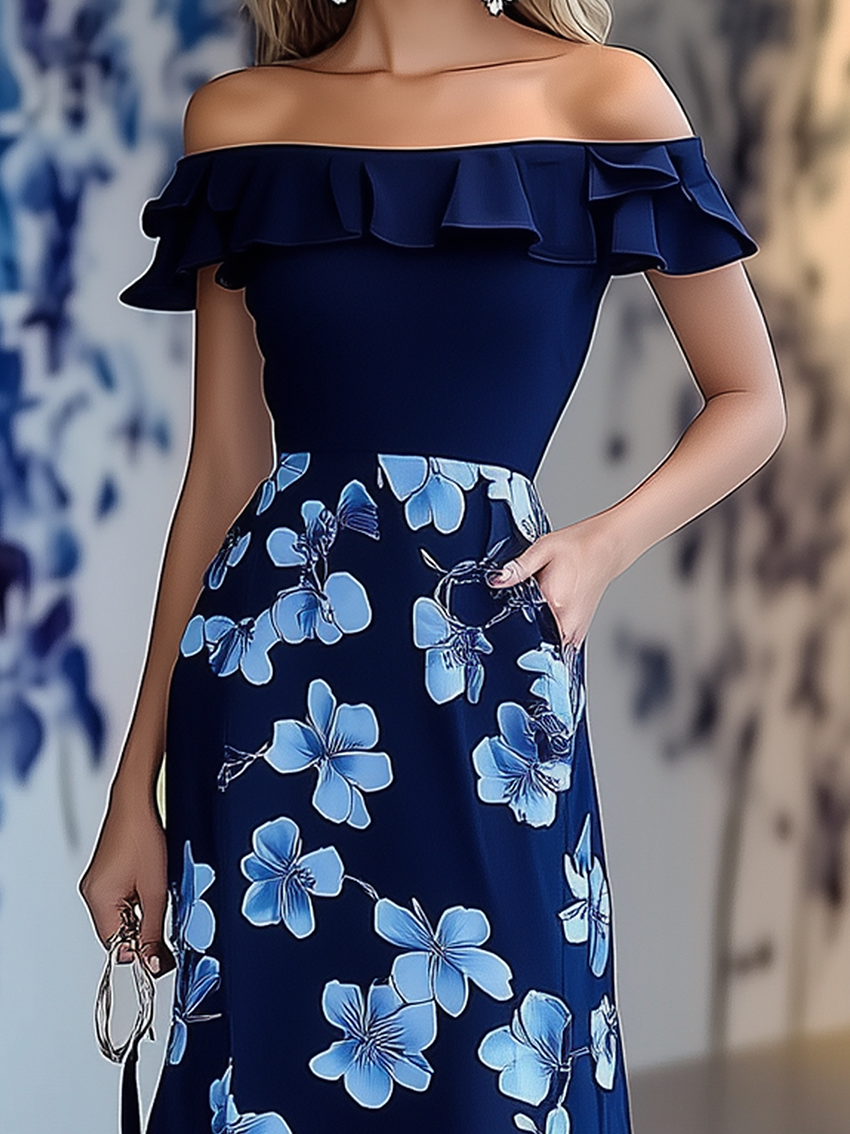 Off Shoulder Navy Midi Dress With Blue Flower Print
