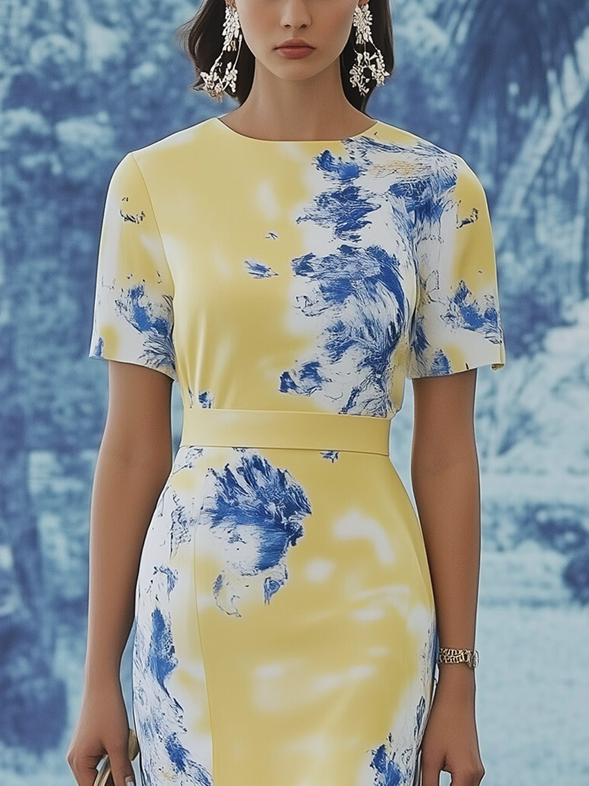 Crewneck Light Yellow Midi Bodycon Dress With Gradient Blue Flower Print