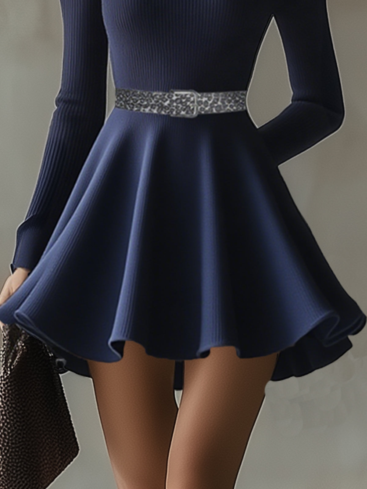 Navy Ribbed Knit Cinched Waist V-Neck Long Sleeve Mini Dress