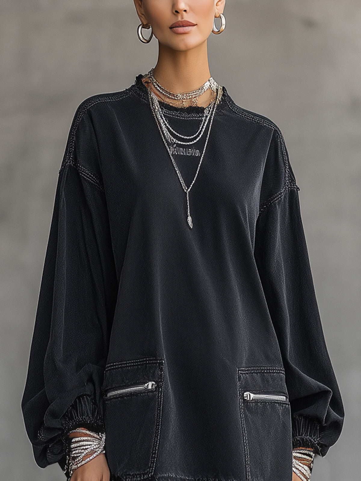 Black Lace Hem Long Sleeve Denim Mini Dress