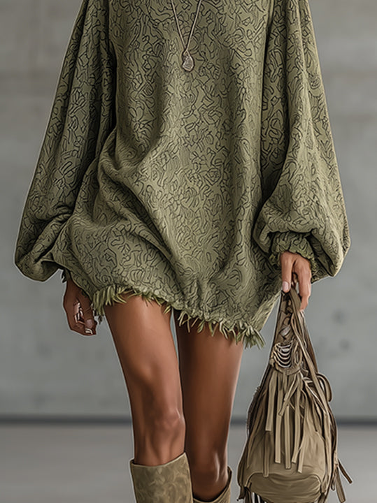 Green Faux Suede Mini Dress With Balloon Sleeves And Fringe Hem