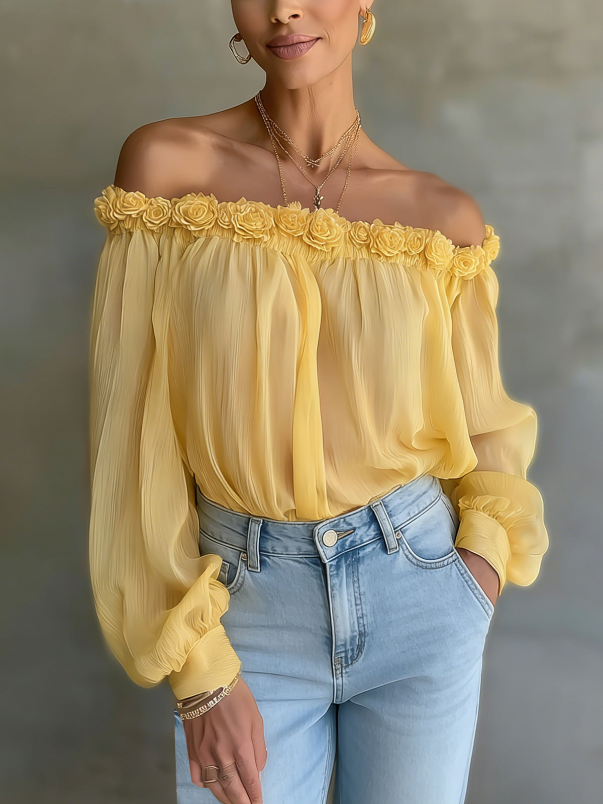 Yellow Floral Trim Off-Shoulder Pleated Chiffon Blouse