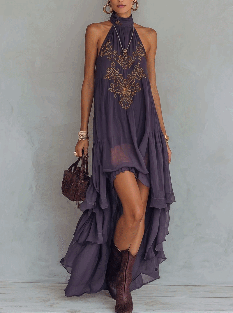 Lavender Purple Chiffon Maxi Dress Vintage Baroque Embroidered