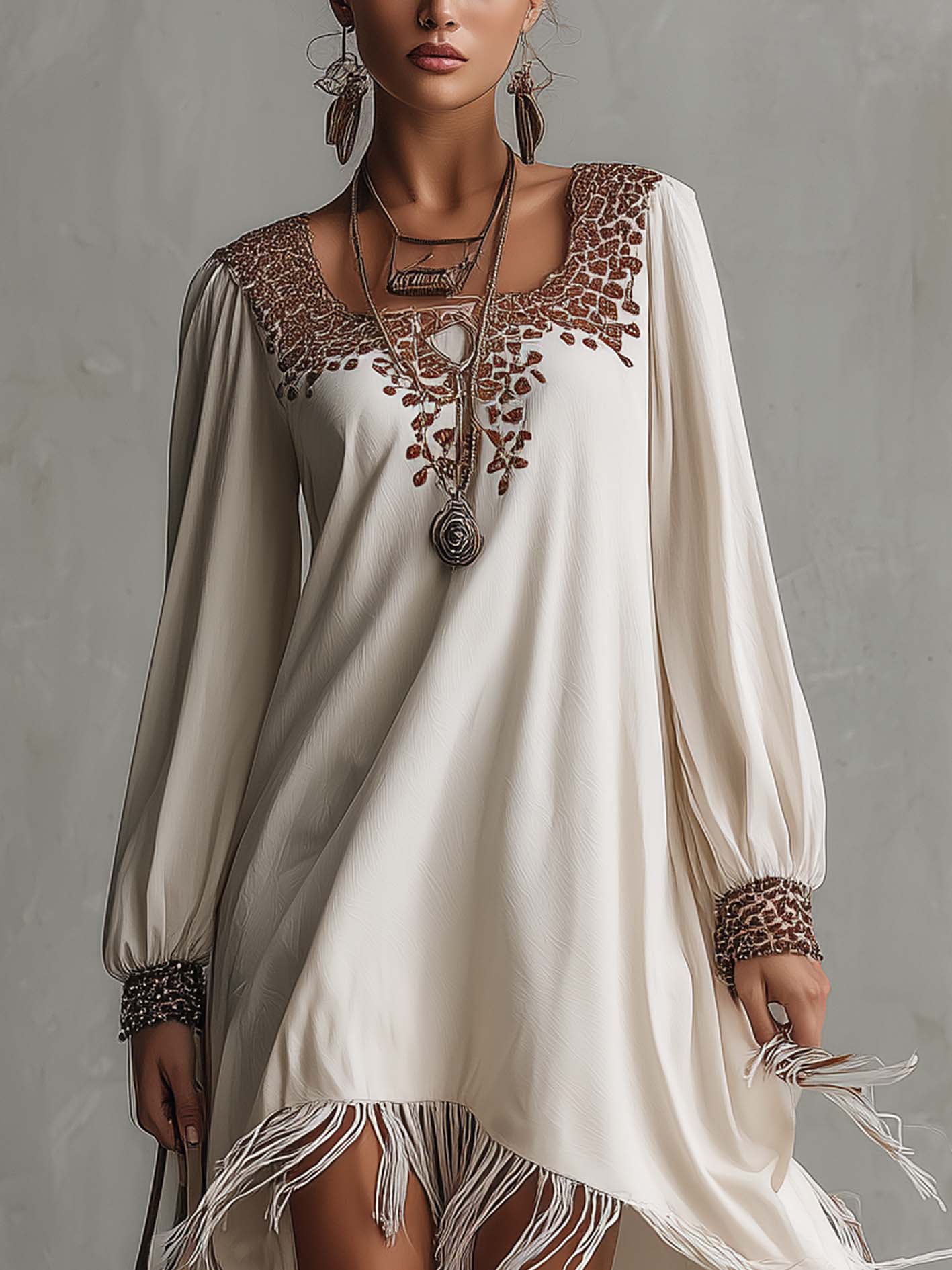White Cotton Linen Mini Dress With Faux Suede Fringe And Leopard Embroidery
