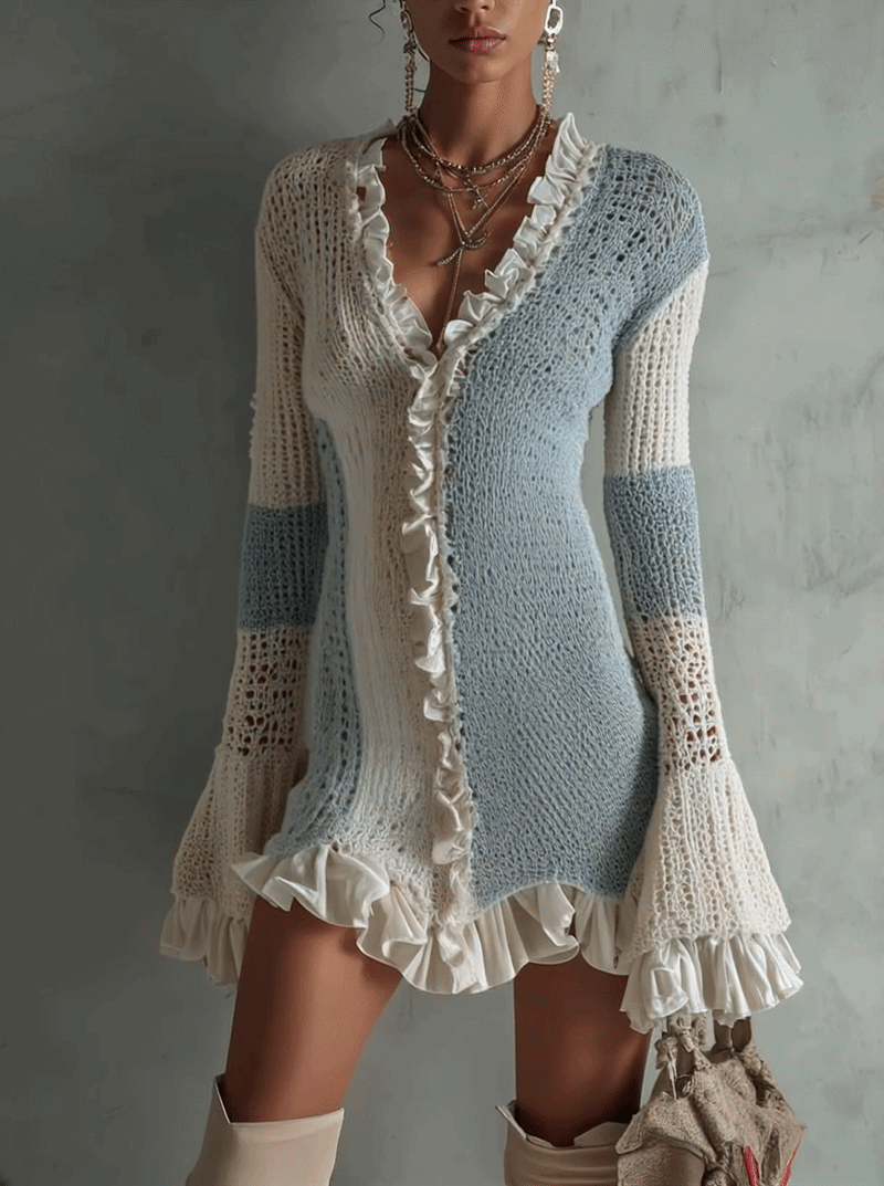 Sky Blue And White Ruffled Patchwork Knit Mini Dress