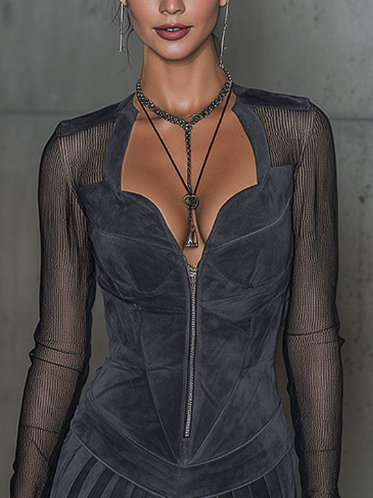 Gray Faux Suede Mini Dress With Sheer Mesh Sleeves And Pleated Skirt