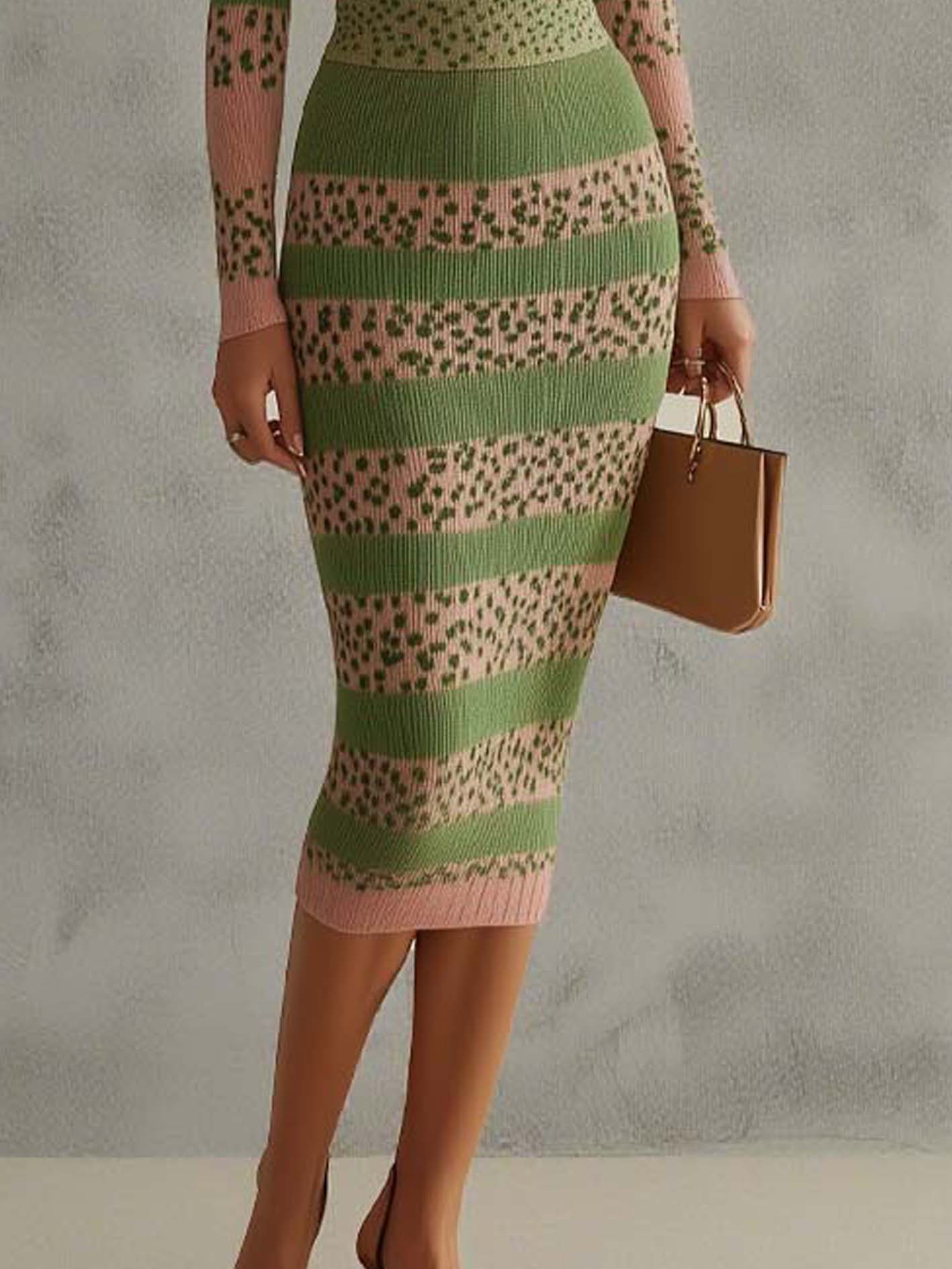 Pink Knitted Midi Bodycon Dress With Green Leopard Print And Lines