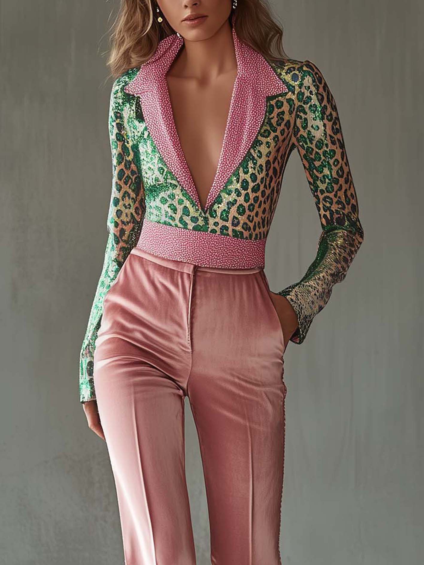 Pink Velvet Jumpsuit With Green Leopard Print And Belt
