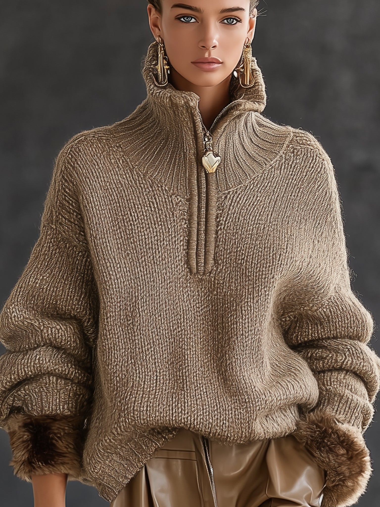 Mocha Half Zip High Collar Knit Pullover Sweater