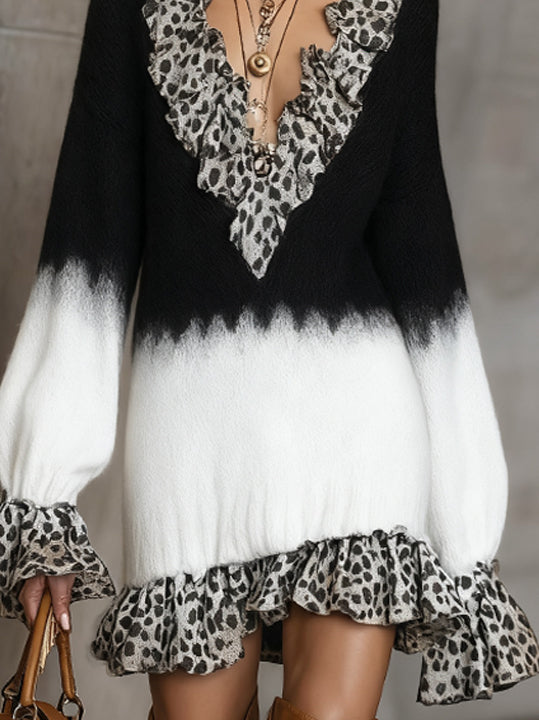 Black And White Knit Mini Dress With Leopard Ruffle Trim