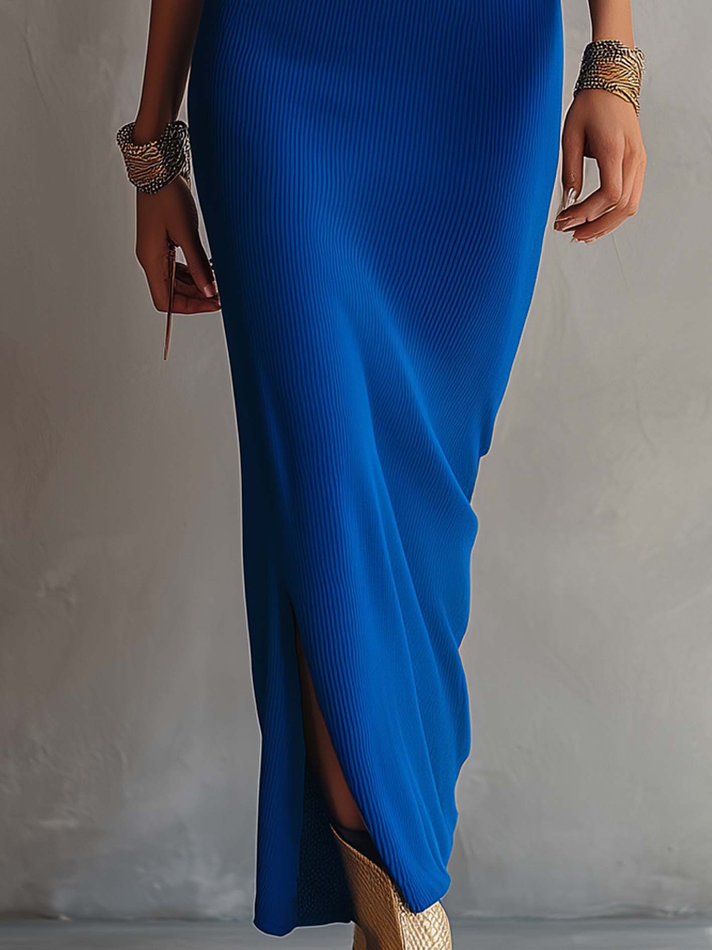 Royal Blue Knit Bodycon Dress With Lace Shoulder And Side Slit