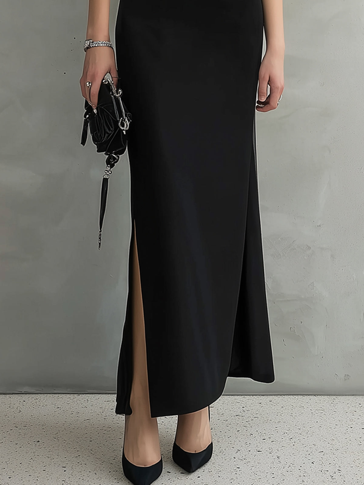 Black Embroidered Puff Sleeve V-Neck Maxi Dress