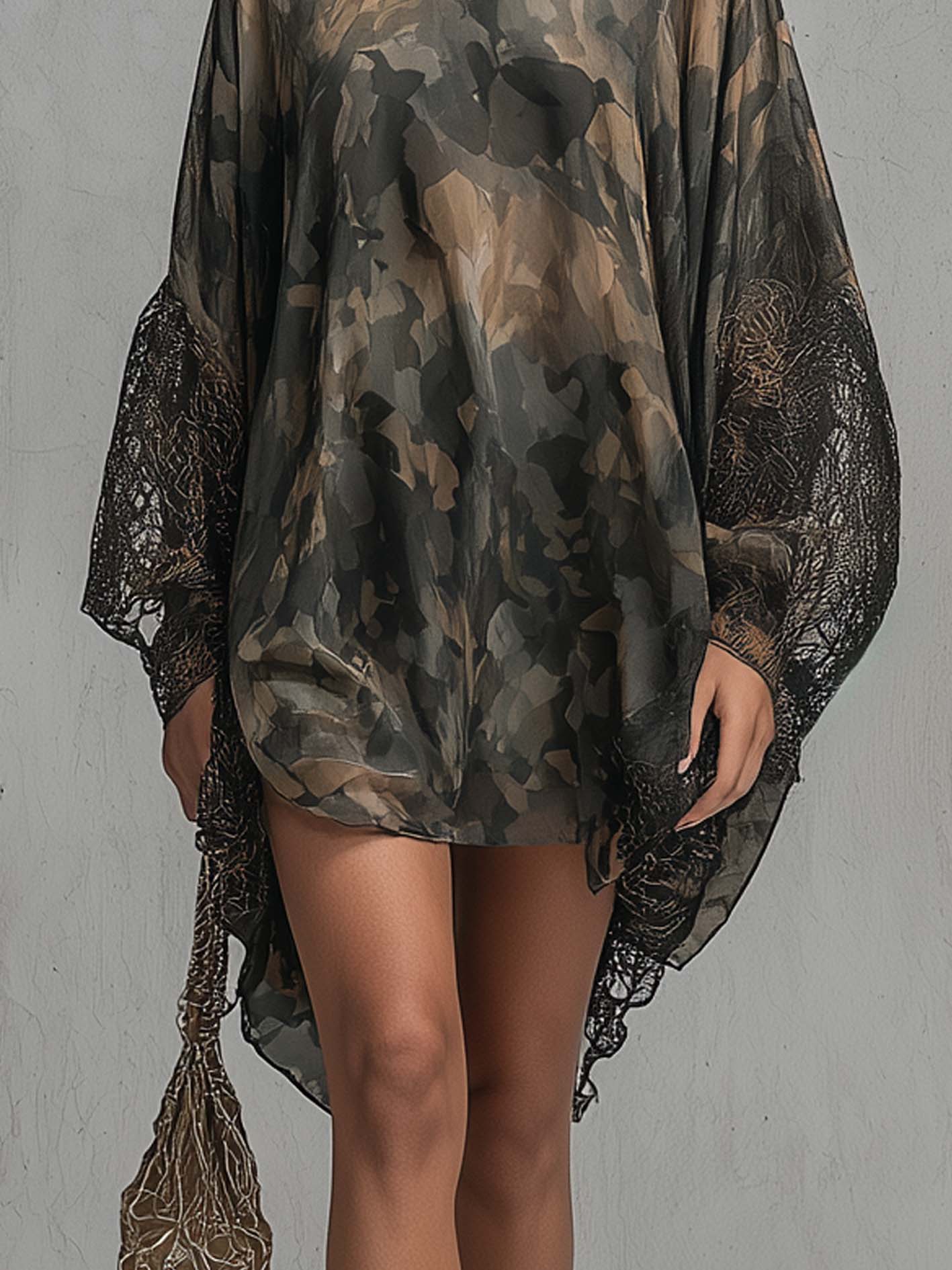 Dark Camo Chiffon Mini Dress With Lace Cuff Sleeves