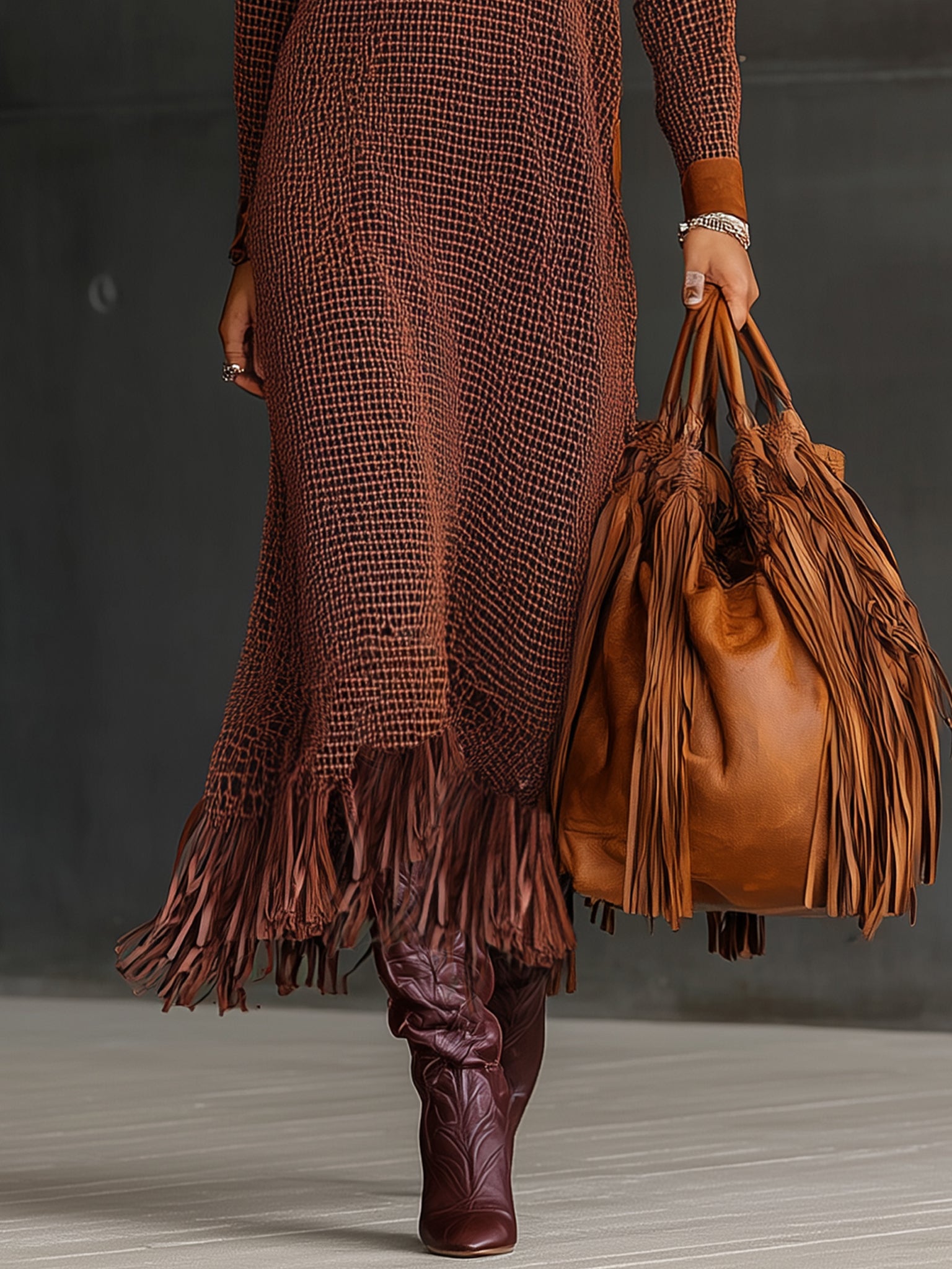 Rust Knit Mesh Suede Fringe Collar Long Sleeve Maxi Dress