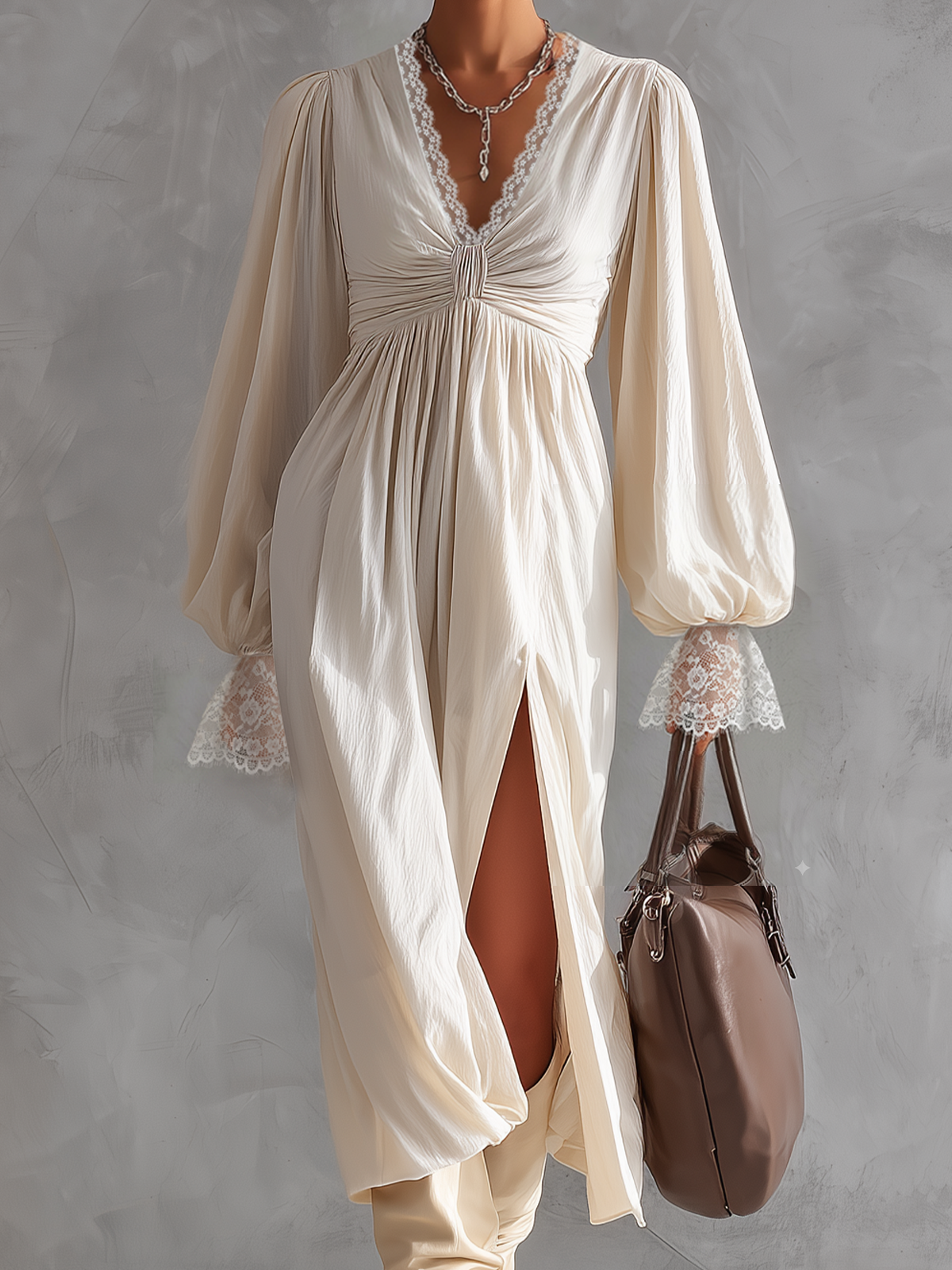 White Lace-Trimmed Balloon Sleeve Midi Dress