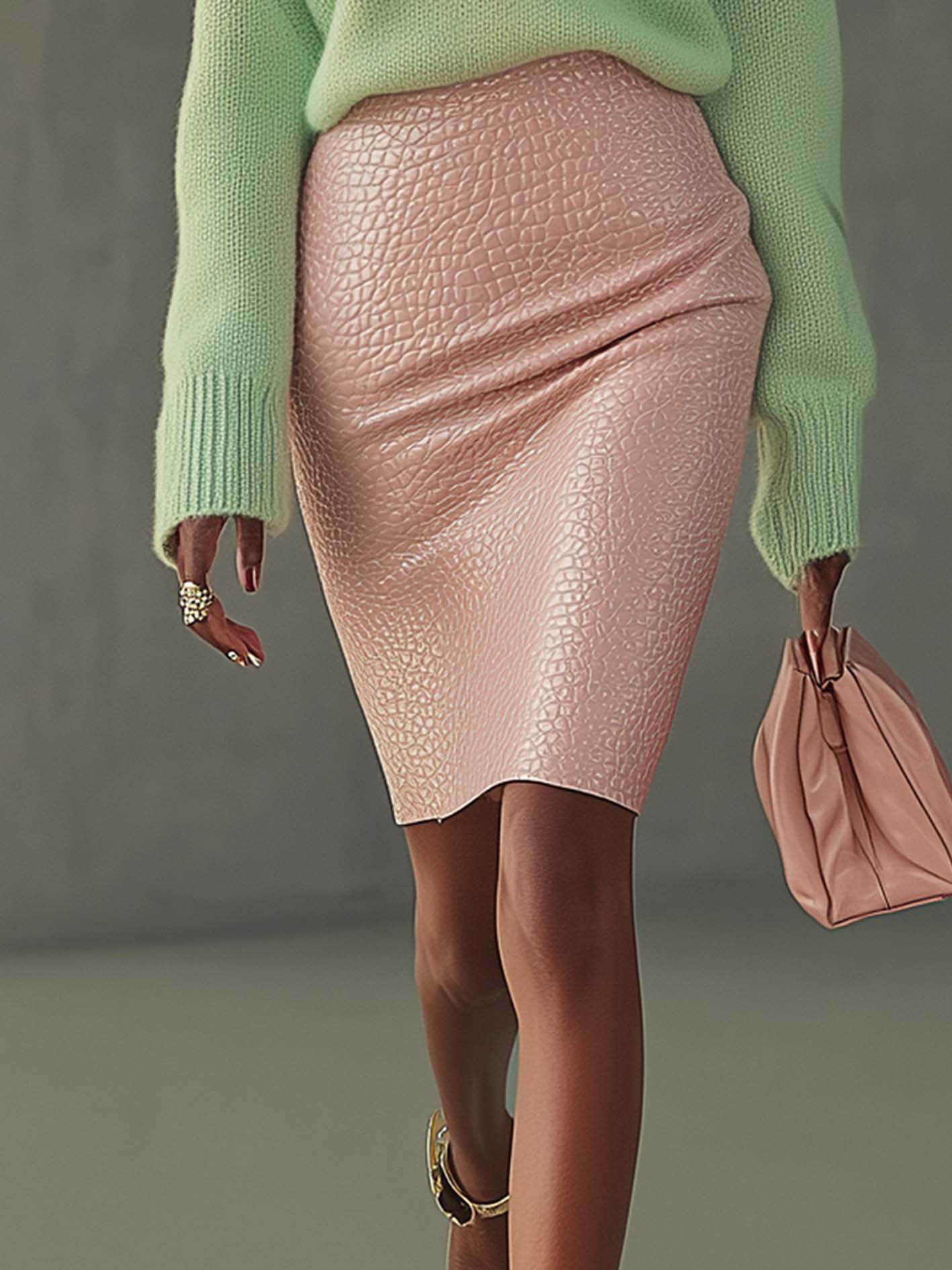 Light Green Sweater And Pink Crocodile Textured Faux Leather Skirt Set