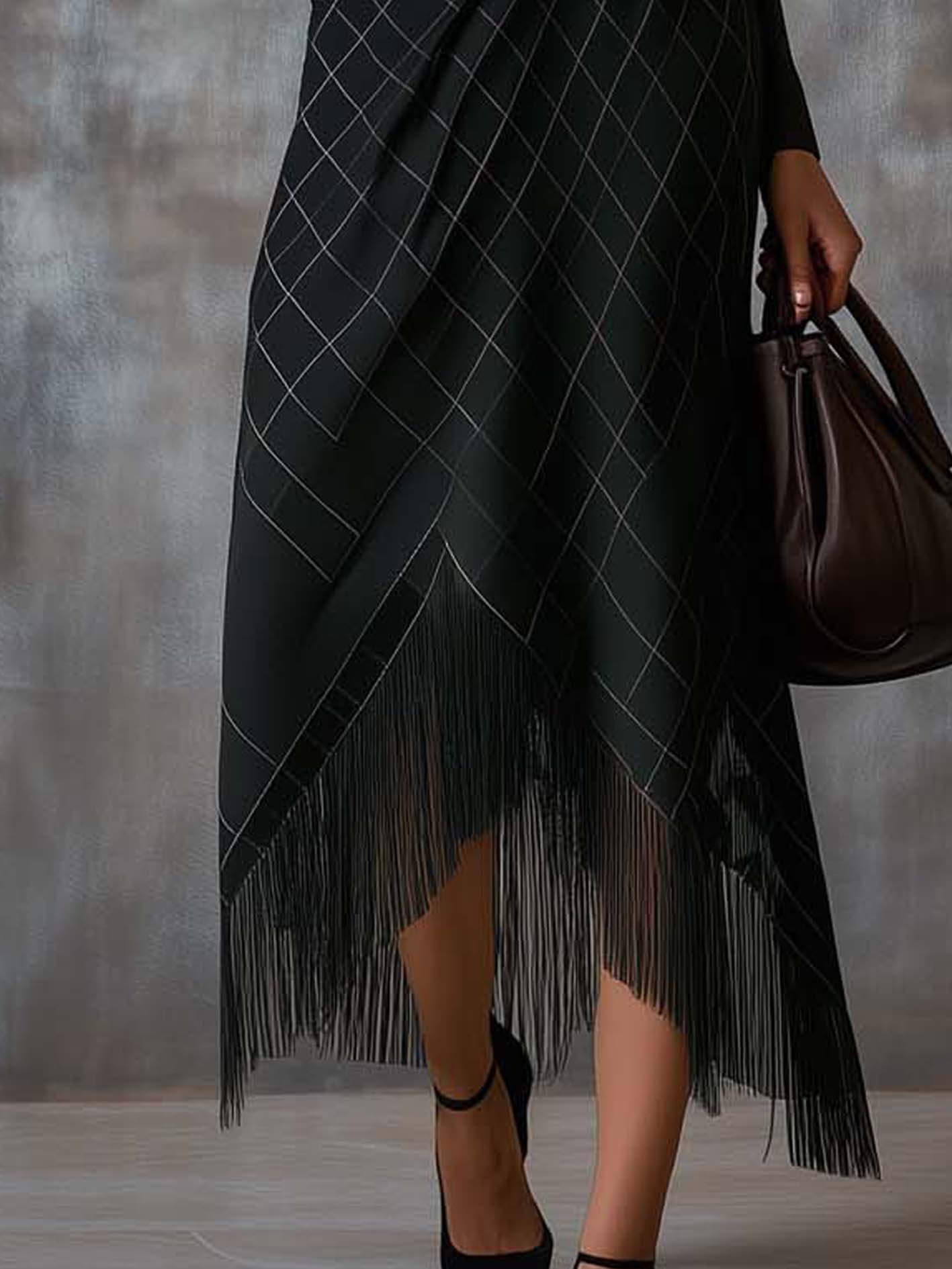 Emerald Checkered Midi Dress With Tassel Mesh Sleeves