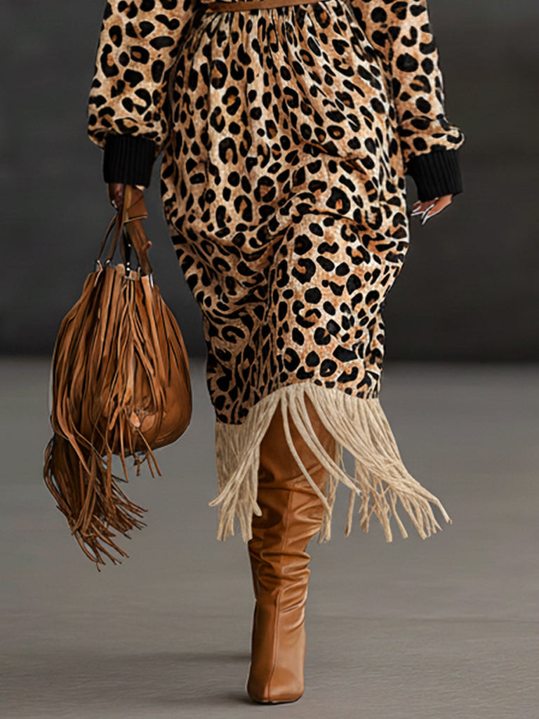 Brown Leopard Print Knit V-Neck Fringe Midi Dress
