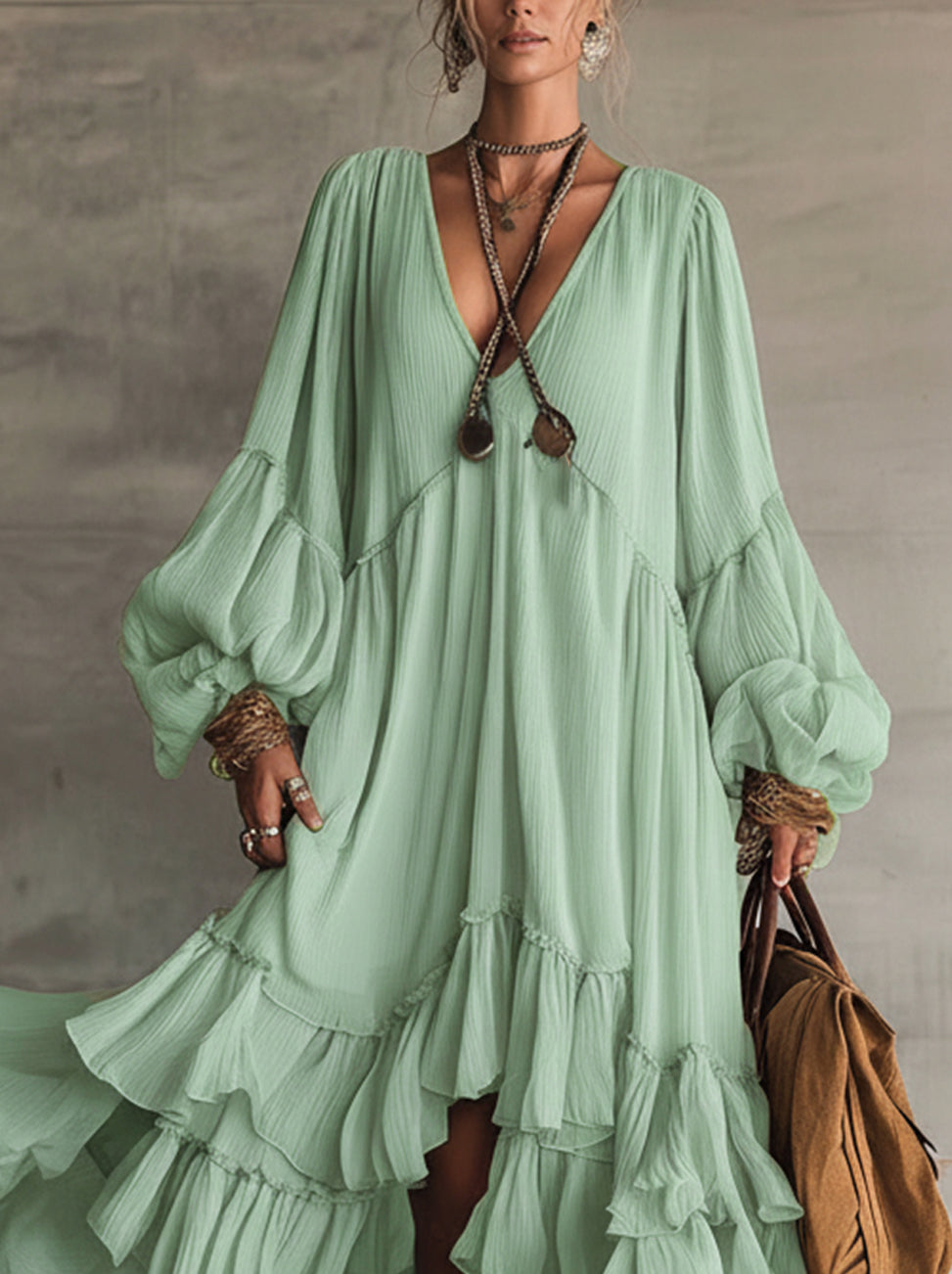 Green Boho Ruffled High-Low Maxi Dress With Balloon Sleeves