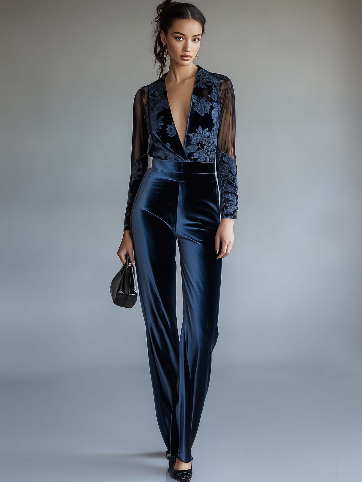 Dark Blue Velvet Jumpsuit With Mesh Sleeves And Floral Print