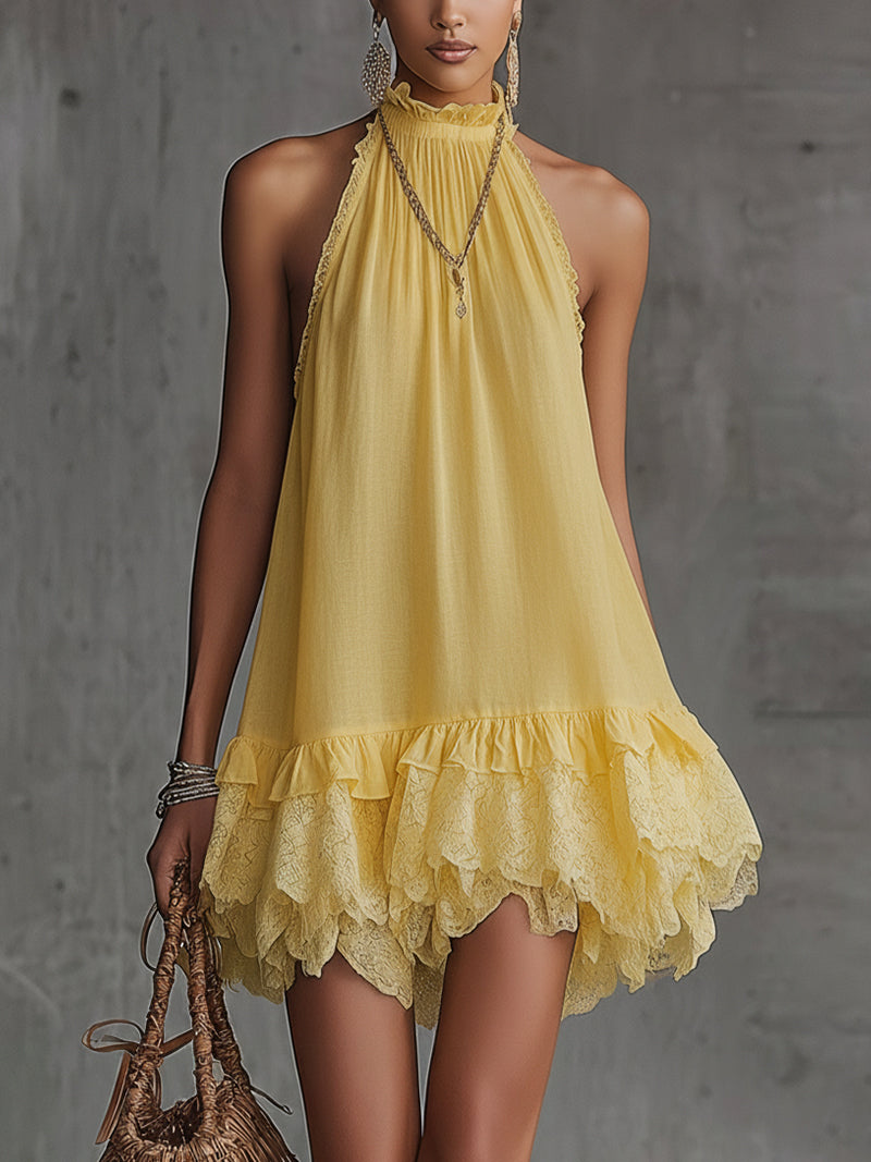 Yellow Halter Cotton Mini Dress With Ruffled Lace Hem
