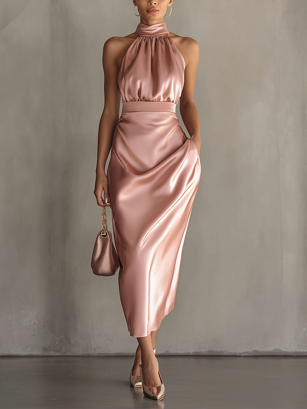 Pink Satin Halter Neck Elegant Midi Dress