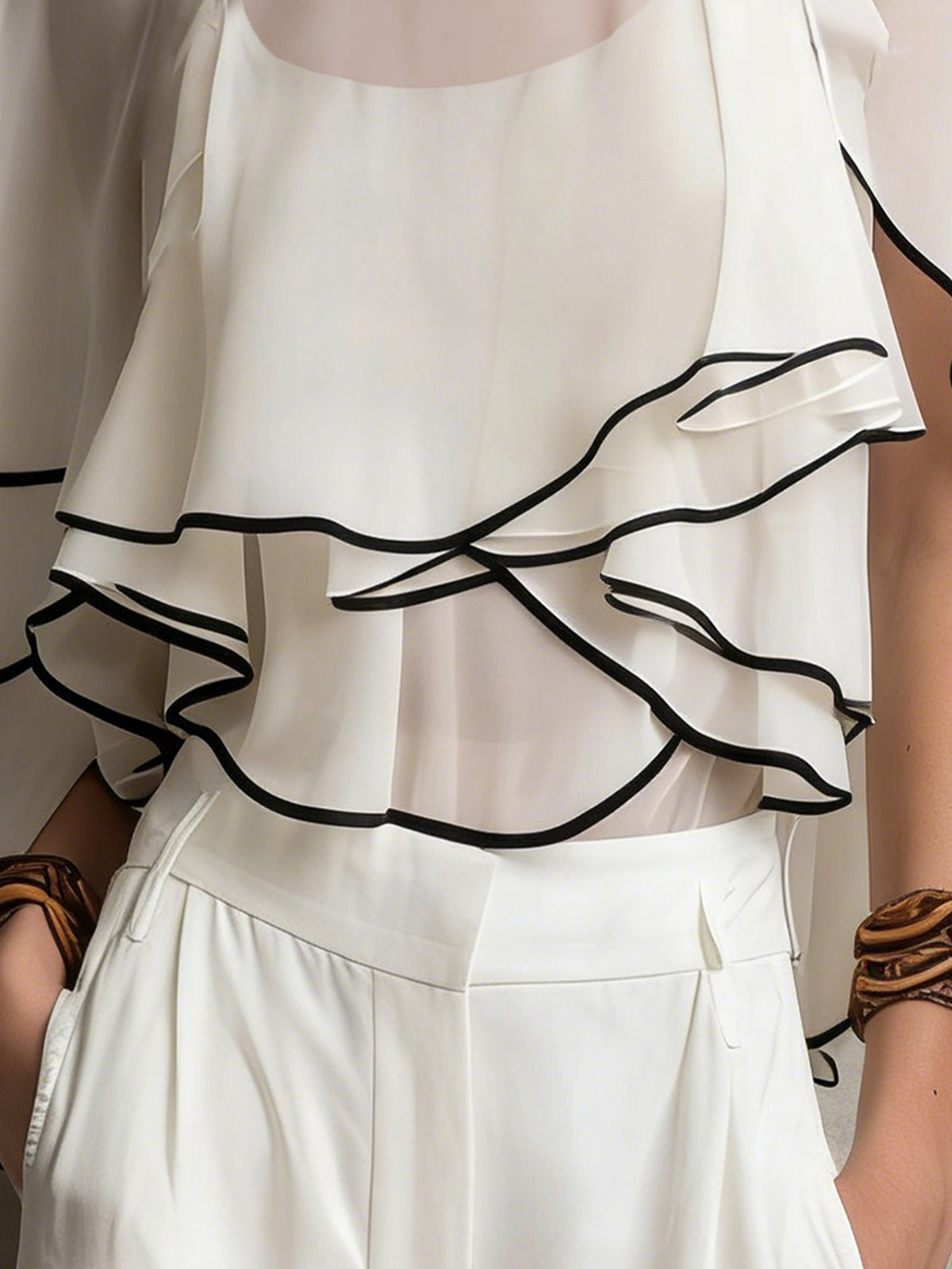 White Layered Ruffle Sheer Chiffon Cape Blouse