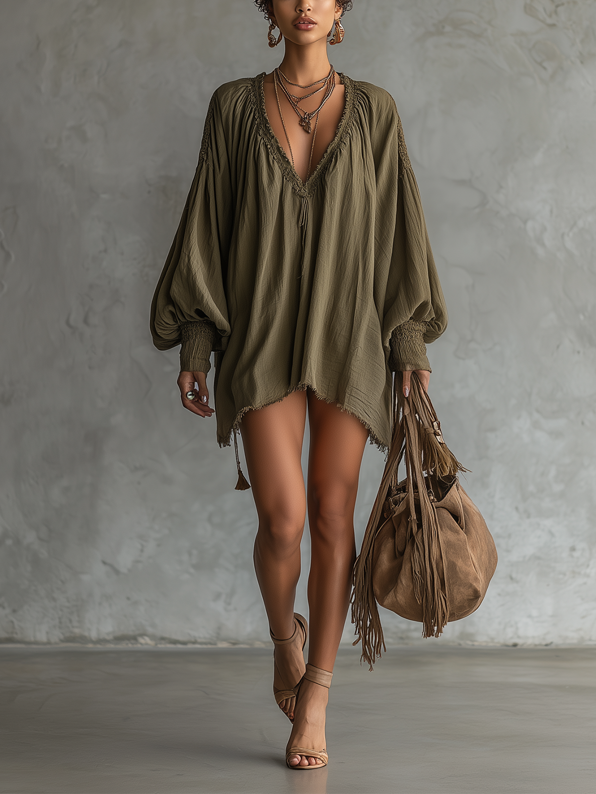Olive Boho Textured V-Neck Lantern Sleeve Mini Dress