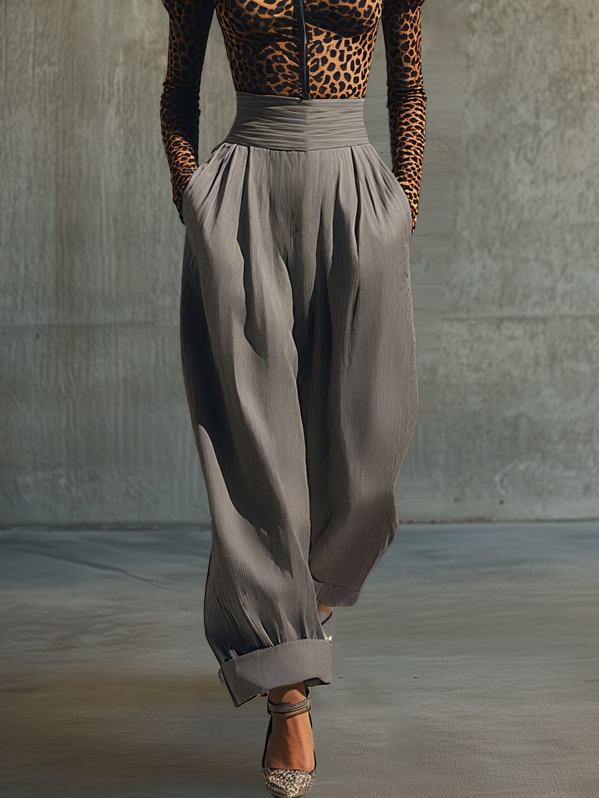 Leopard Print Top And High-Waisted Trousers Set