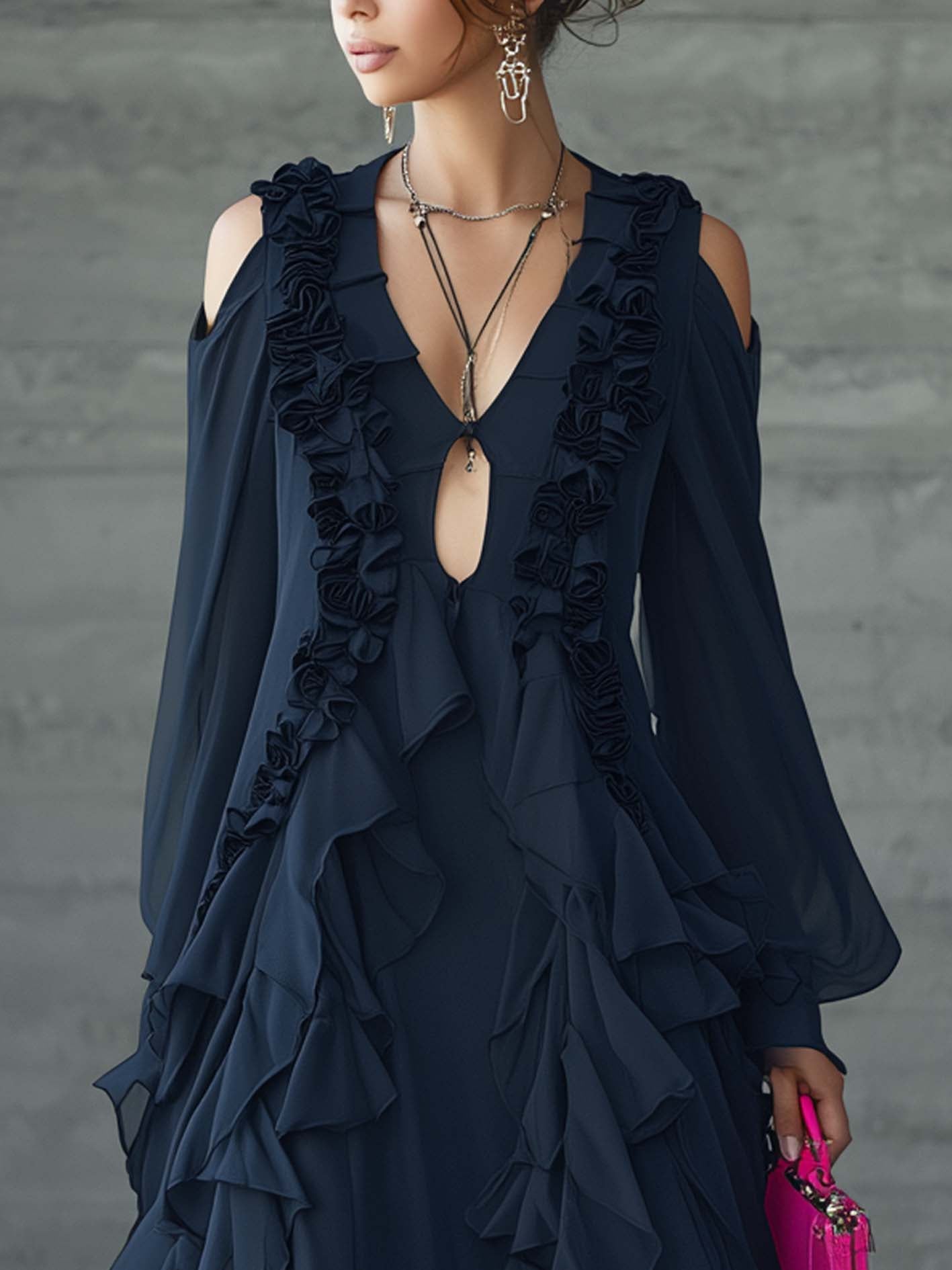 Navy Chiffon Cold Shoulder Ruffle Mini Dress