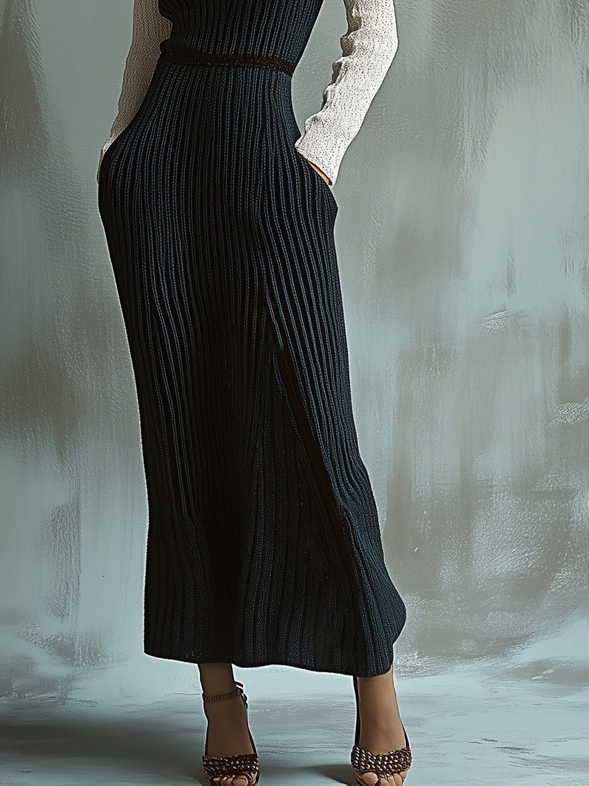Ribbed Knitted Maxi Dress and White Sleeves Set