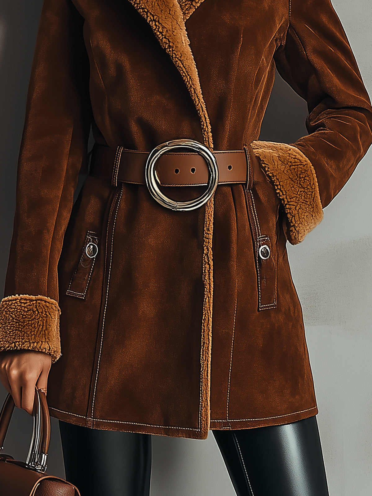 Brown Faux Suede Jacket With Shearling Trim And Belted Waist