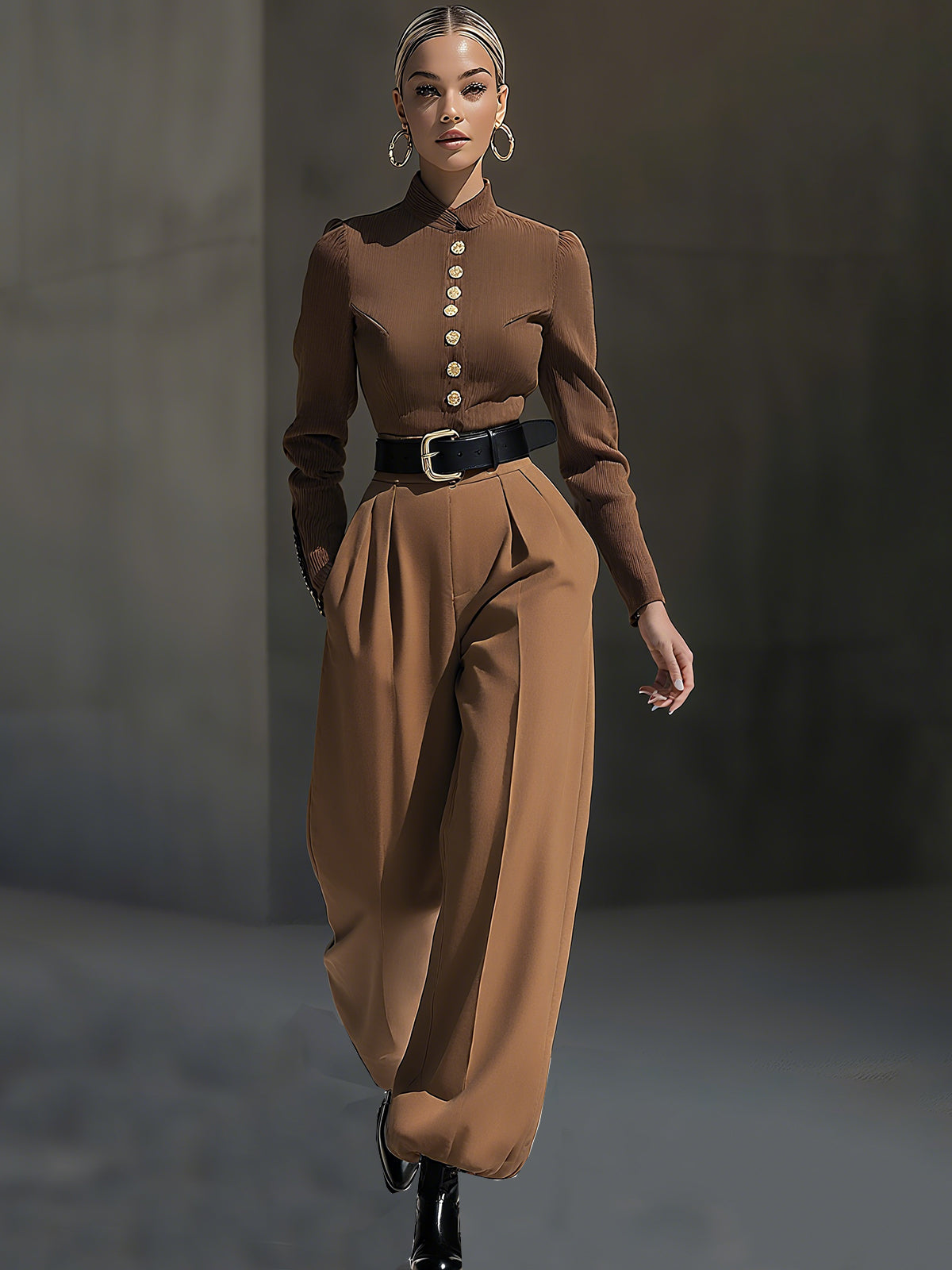 Brown Long-sleeved Top And Pants Set
