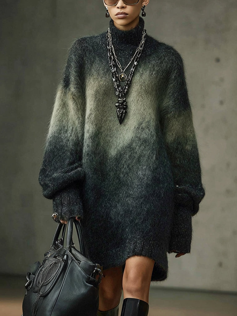Forest Green Mink Ombre Loose Fit Knit Mini Dress