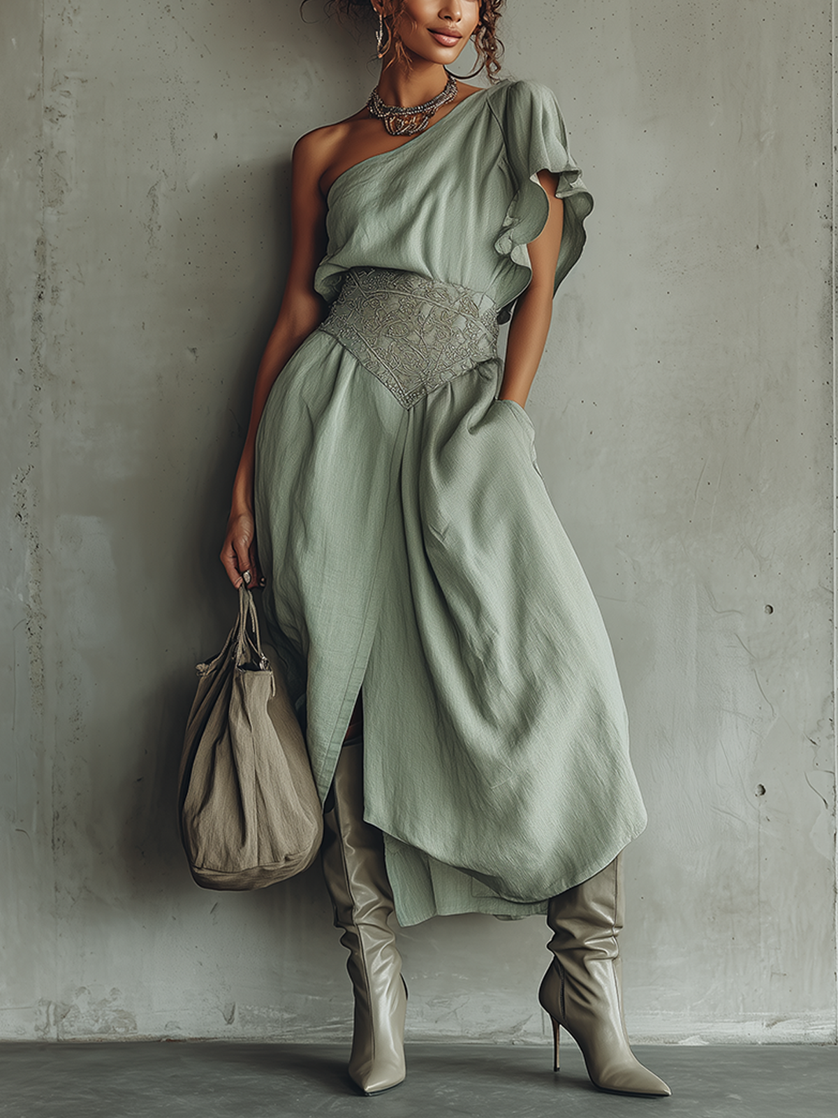 Light Green Asymmetric Ruffled One-Shoulder Midi Dress