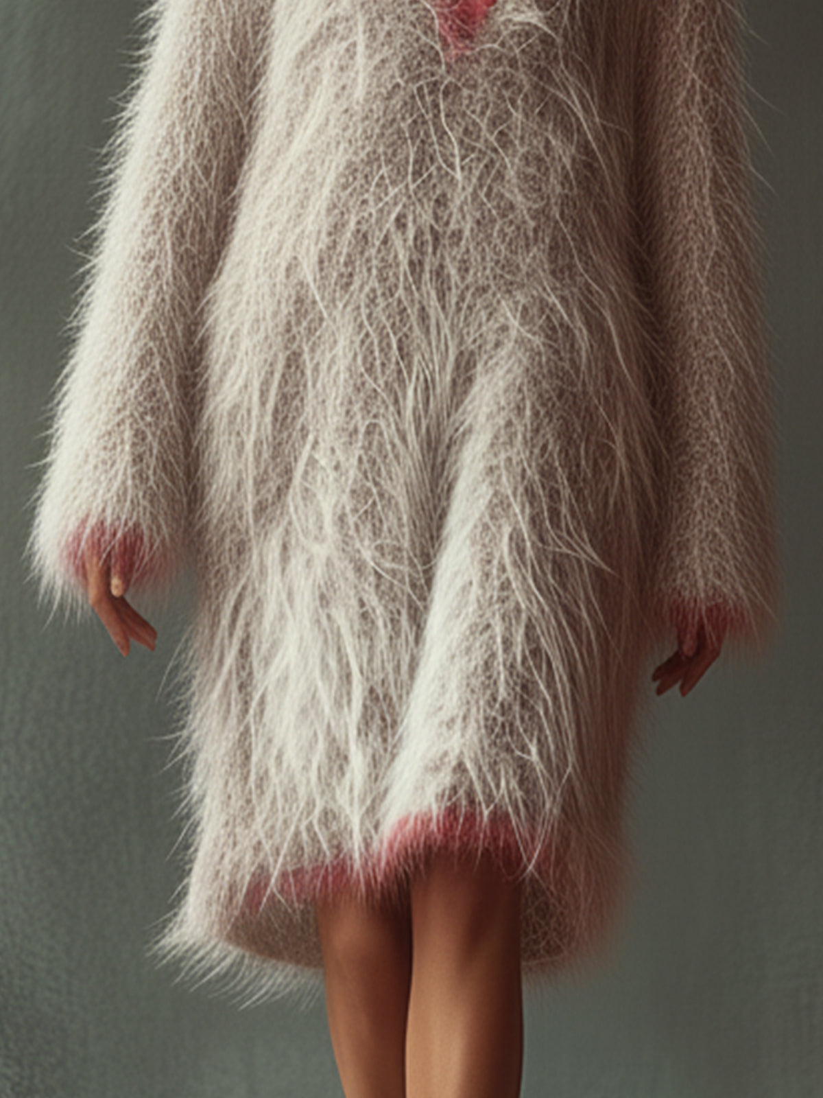 Gray Soft Fuzzy Angora Dress With Pink Accents And Deep V-Neck