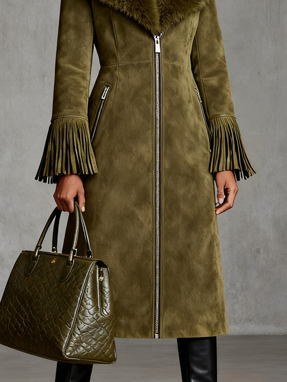 Olive Faux Suede Long Coat With Fur Collar And Fringed Cuffs