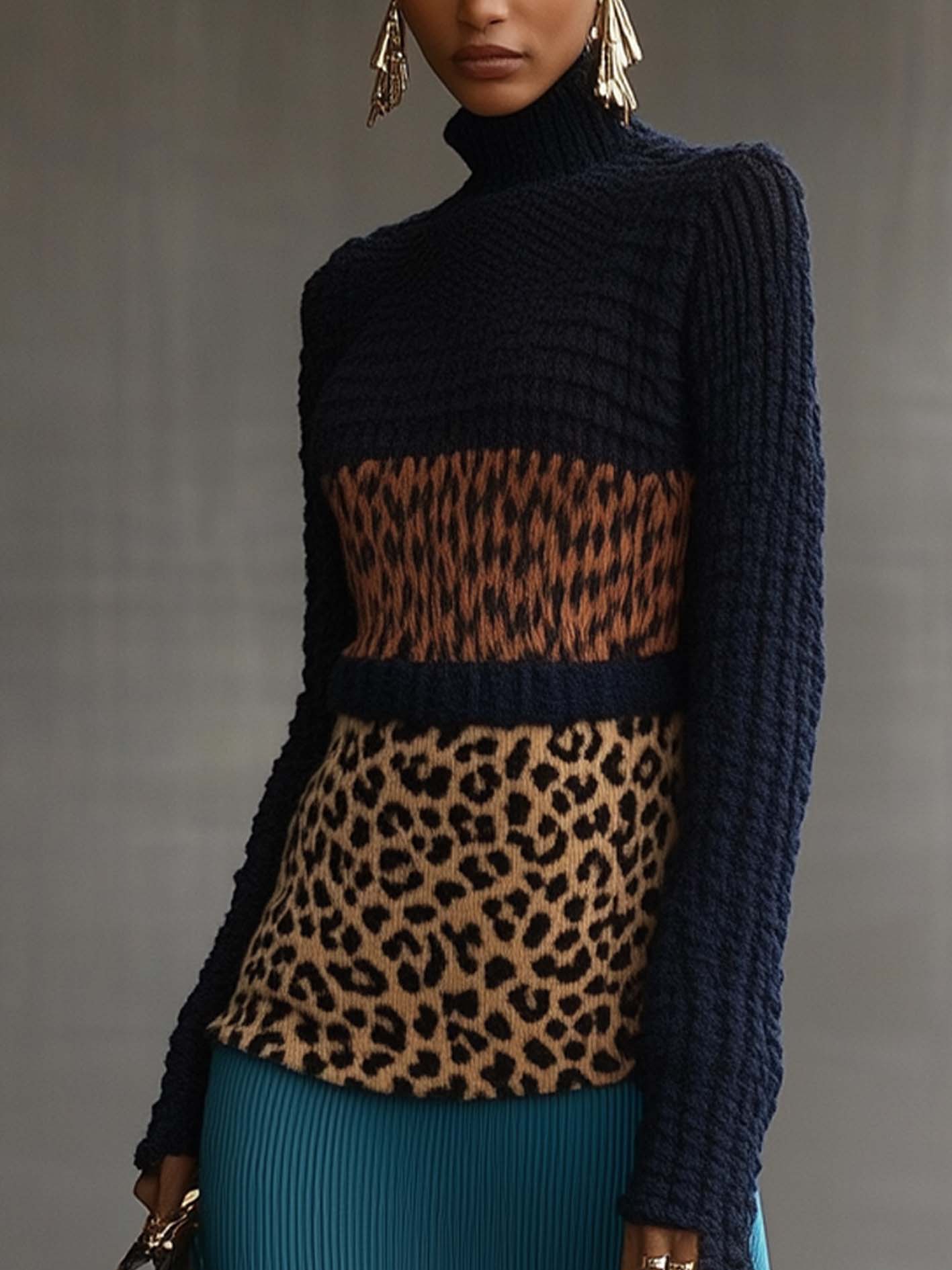 Dark Blue Knitted Maxi Dress With Leopard Print And Cyan Bottom
