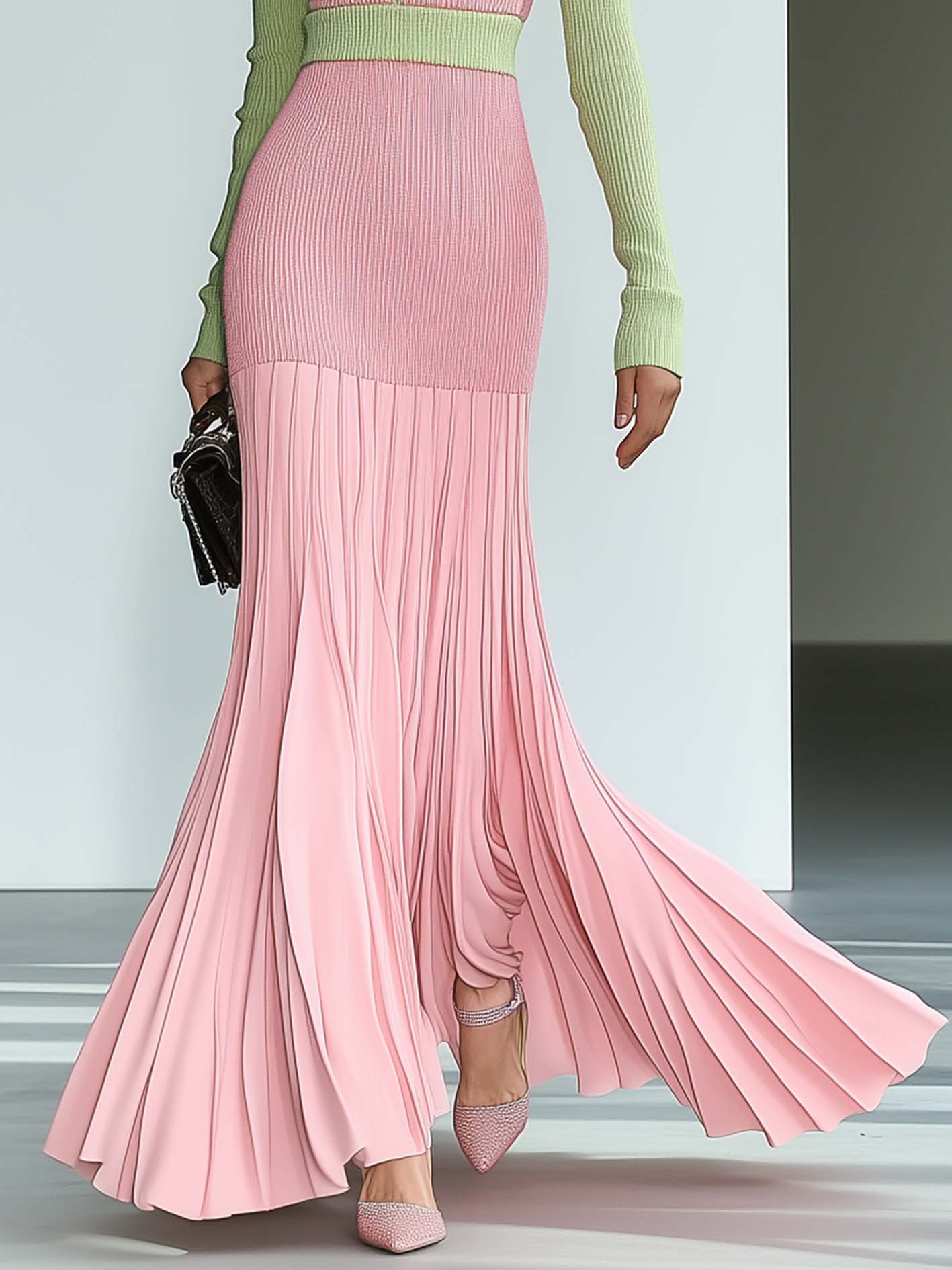 Pink Knitted Maxi Dress With Patchwork Hem And Green Trim
