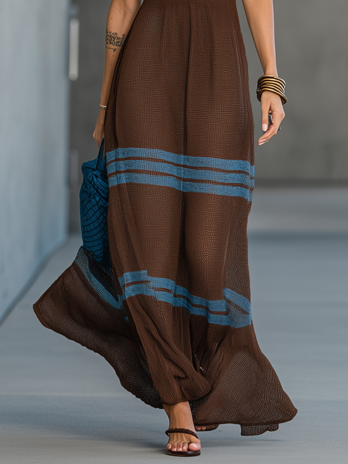 Brown Striped Knit Spaghetti Strap Maxi Dress