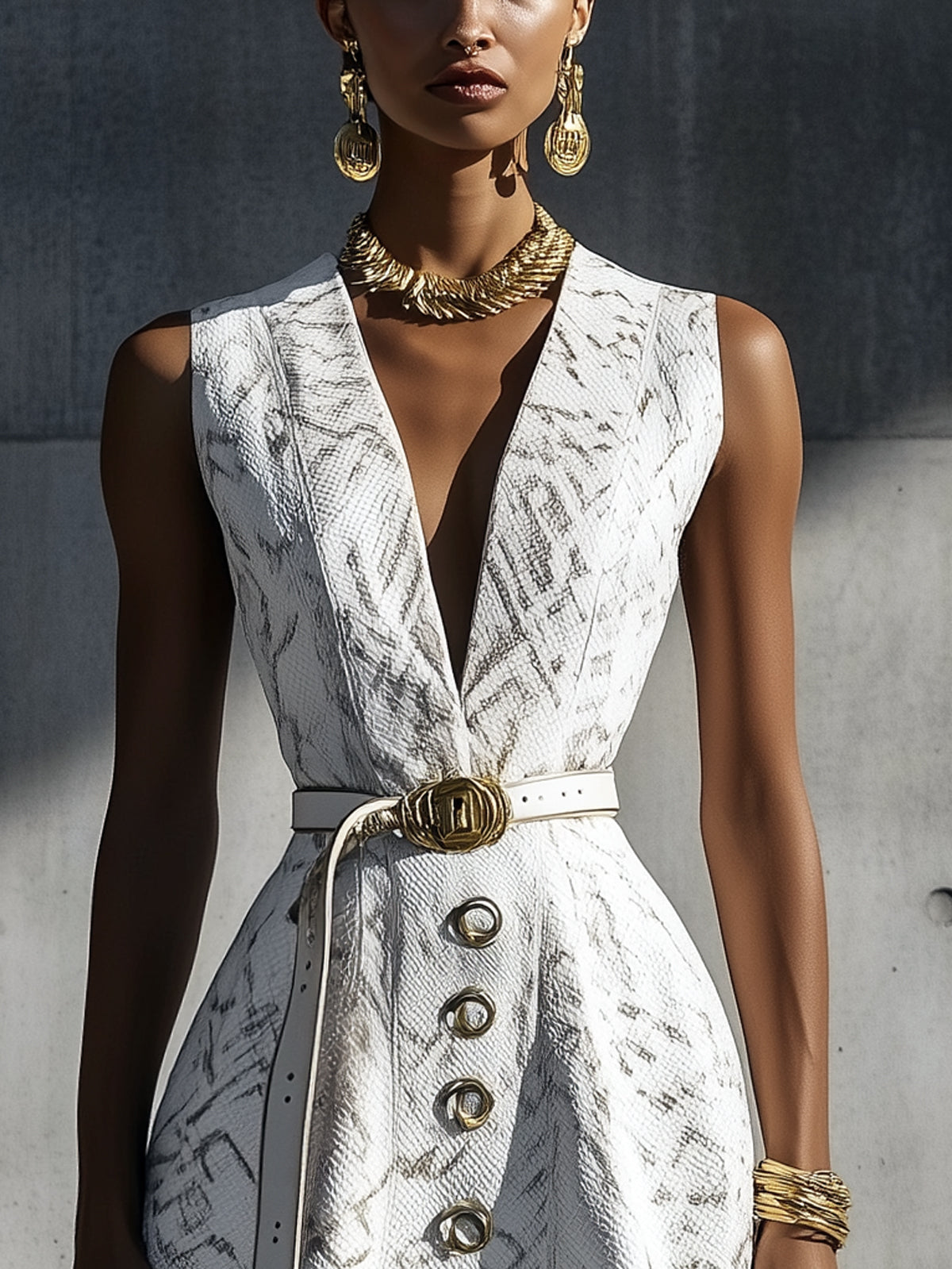 White Snakeskin Print V-Neck Sleeveless Midi Dress With Metal Buckles