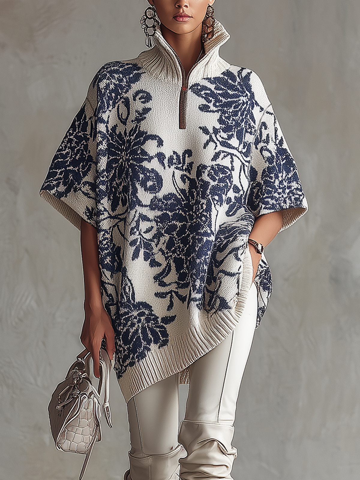White Navy Floral Knit Half-Zip Poncho Sweater