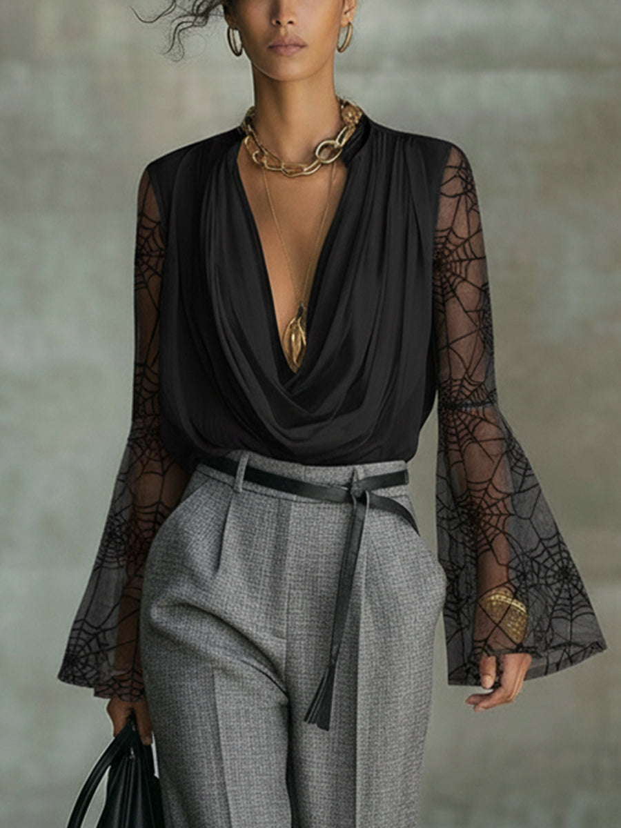 Black Chiffon Relaxed V-Neck Shirt With Flocked Long Sleeves