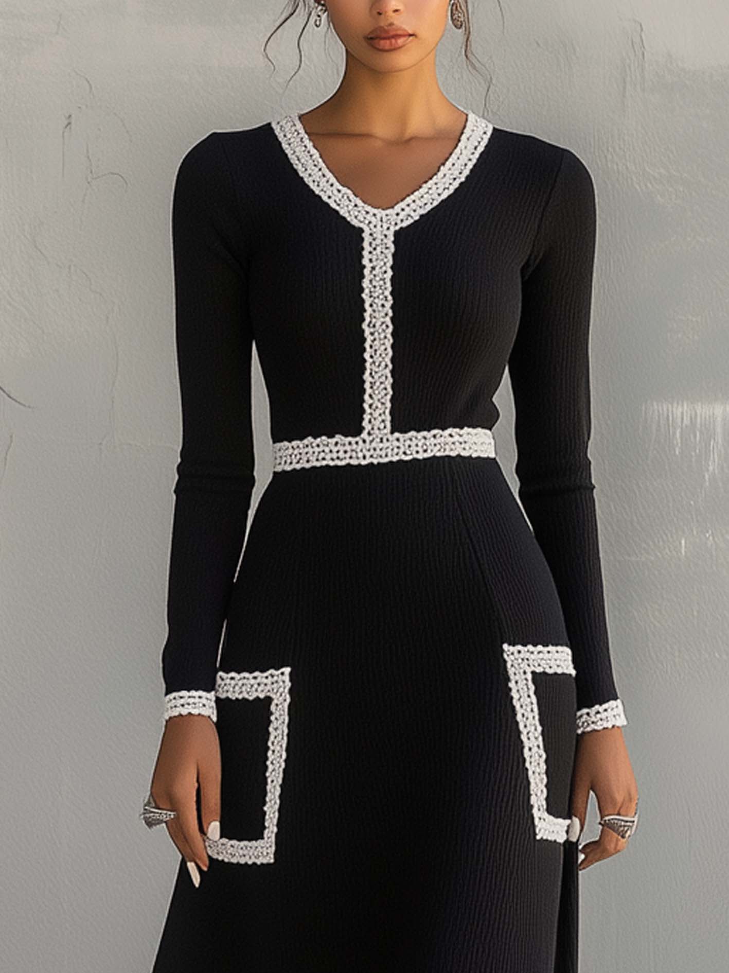 Simple Black Knitted Midi Dress With White Lace Trim