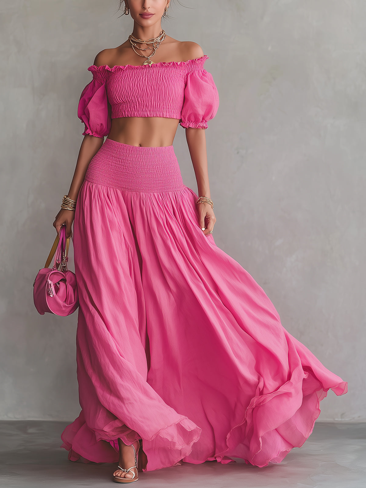 Rose Off-Shoulder Puff Sleeve Smocked Crop Top & Flowy Maxi Skirt Set