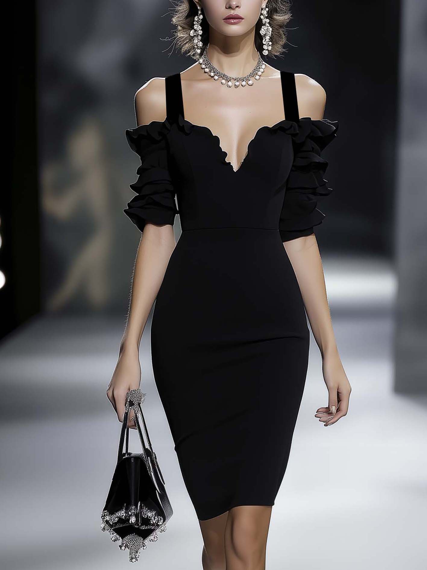 Black Midi Bodycon Dress With Straps And Stylish Sleeves
