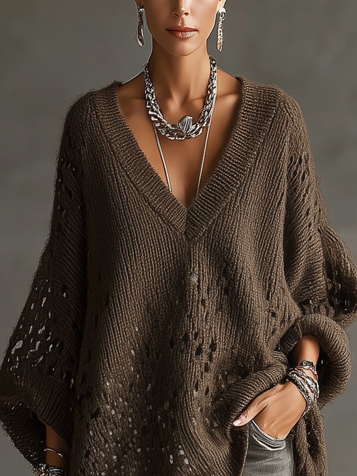 Brown Oversized V-Neck Knit Sweater With Open-Stitch Detailing