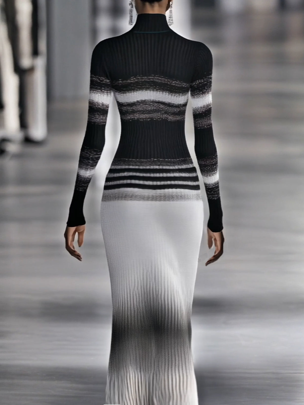 Black And White Ribbed Gradient Effect Metallic Turtleneck Long Sleeve Maxi Dress